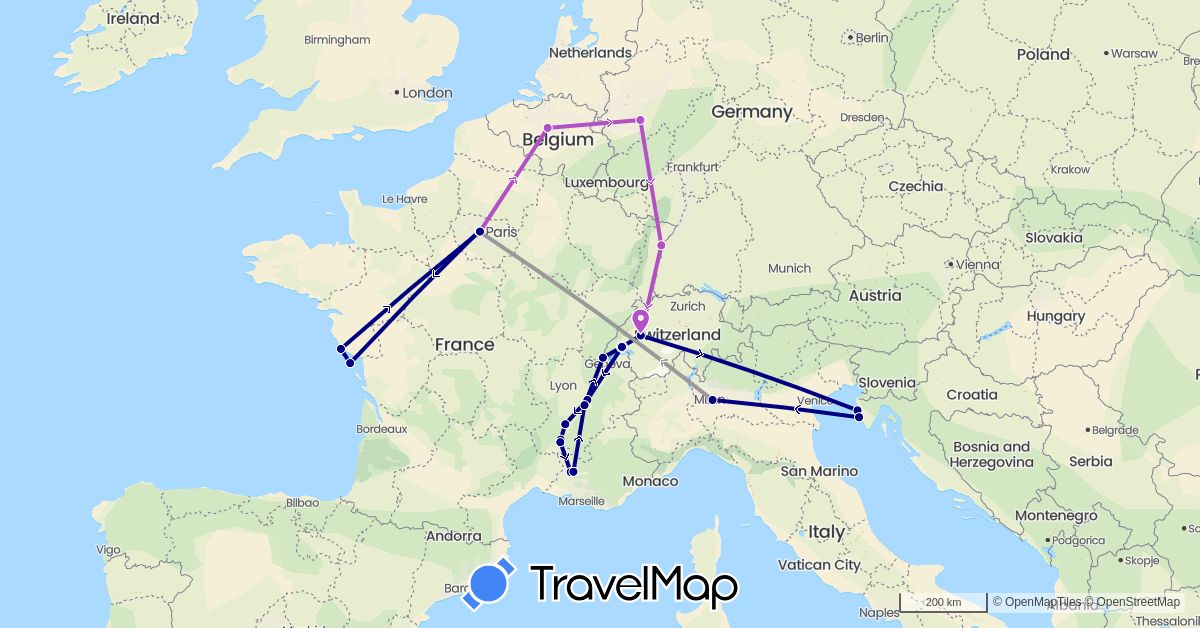 TravelMap itinerary: driving, plane, train in Belgium, Switzerland, Germany, France, Croatia, Italy (Europe)